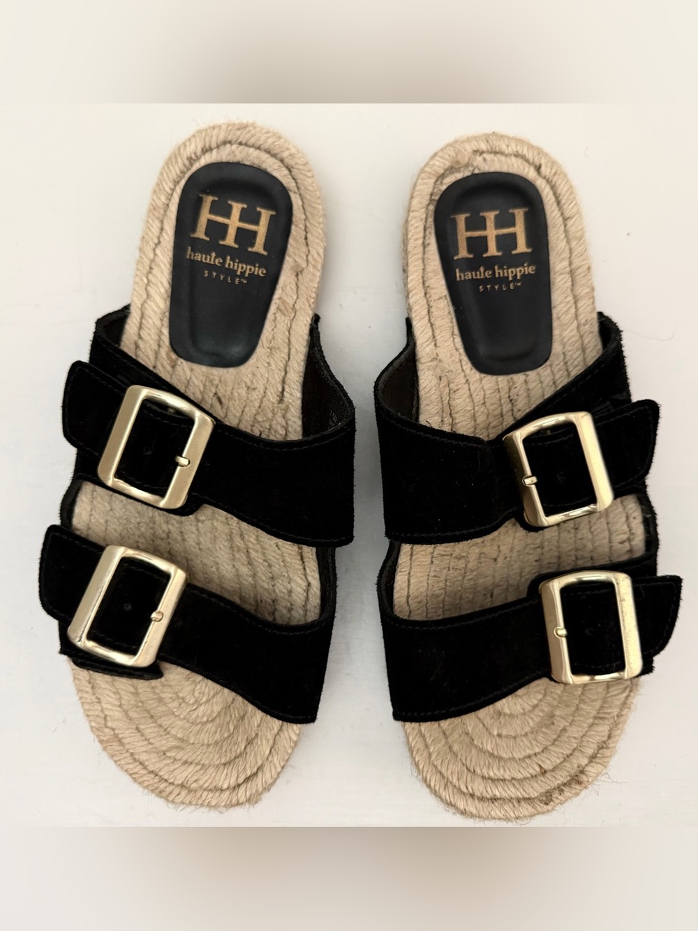 Haute Hippie Black Double-Buckle Espadrille Slide Sandals